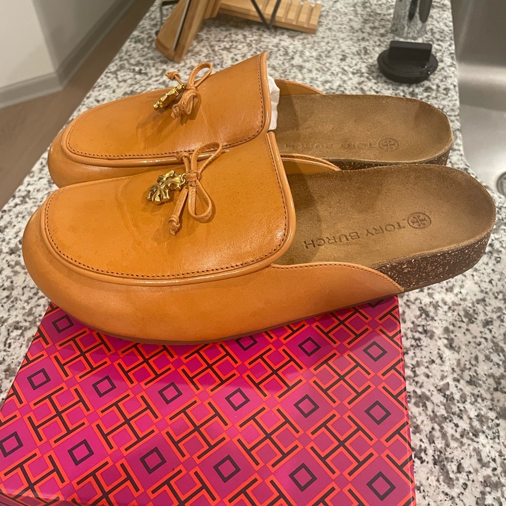 Tory Burch Tan Mules with Gold Accents